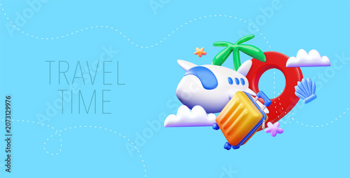 Banner with a composition of an airplane, a suitcase, a destination and a palm tree, vector 3D illustration.Modern glossy tourism concept for vacation, travel agency, booking and holiday design.