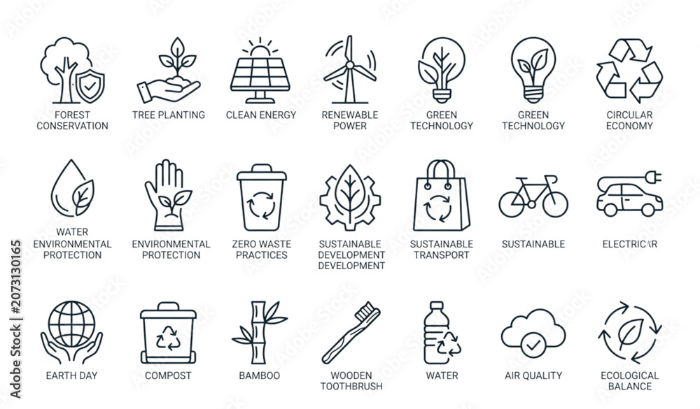 Fototapeta premium Eco and Nature Outline Icon Collection for Environmental Sustainability and Green Living