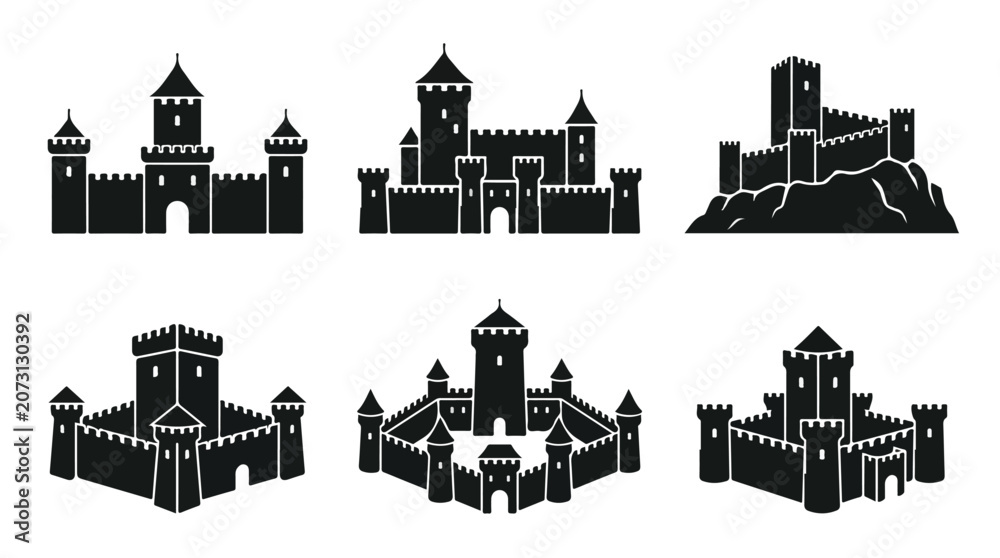 Fototapeta premium Medieval castle silhouette icons, set of 6 black fortress vector elements, ancient stone citadel and palace architecture for gaming and maps isolated PNG with Transparent Background
