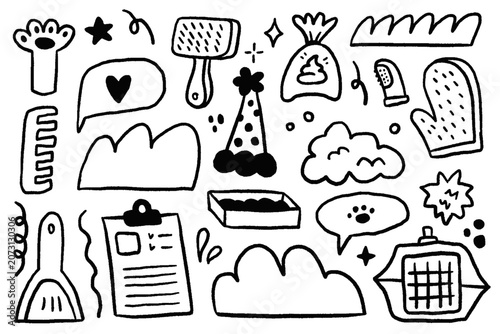 Pet Accessories Doodle Collection, Hand Drawn Cat and Dog Supplies Illustrations