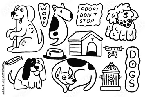 Cute Dogs Doodle Collection with Pet Accessories, Hand Drawn Dog Illustrations