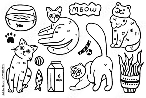 Cute Cats Doodle Collection with Pet Accessories, Hand Drawn Cat Illustrations