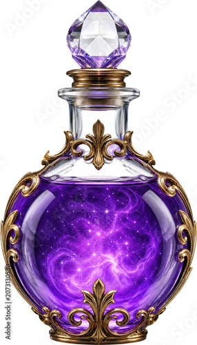 Purple magic potion bottle with gold filigree isolated on transparent background