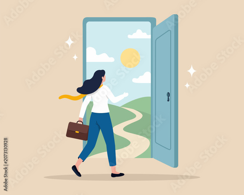 Businesswoman Opening Door to New Opportunities Career Growth Vector Illustration