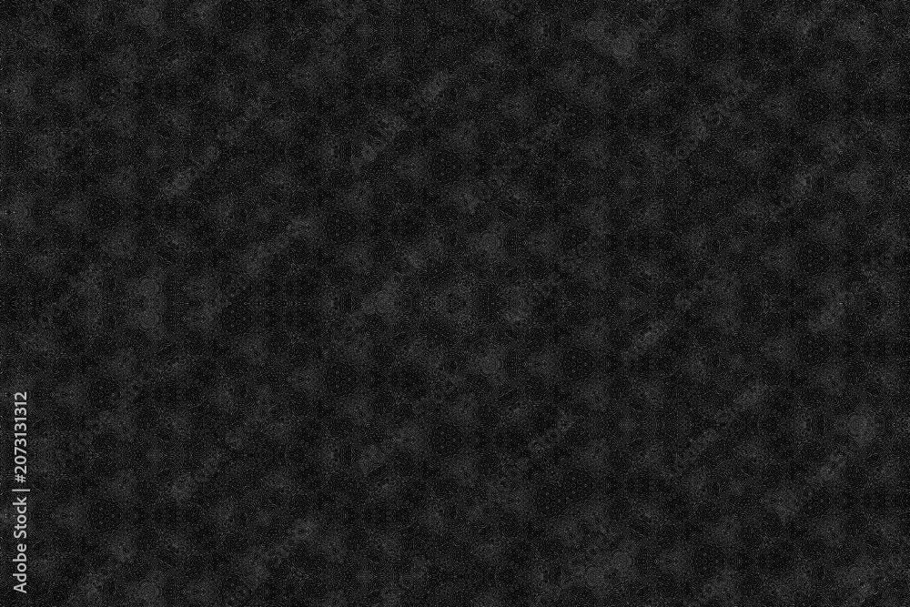 Fototapeta premium A dark charcoal grey background featuring a complex, repetitive geometric kaleidoscope pattern of interconnected circles and floral shapes. The matte surface suggests industrial metal or textured art 