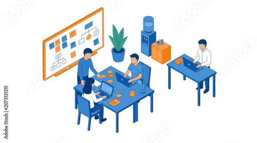 Team Collaborating and Planning in a Modern Isometric Office Environment