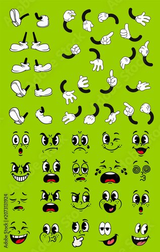 Cartoon mascot character creator kit with facial expressions hands and body parts