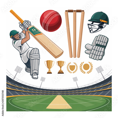 Cricket sports elements with player, stadium, trophies, and awards on white Keywords: cricket