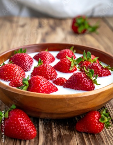 Bright red strawberries in milk in a wooden bowl on a wooden table