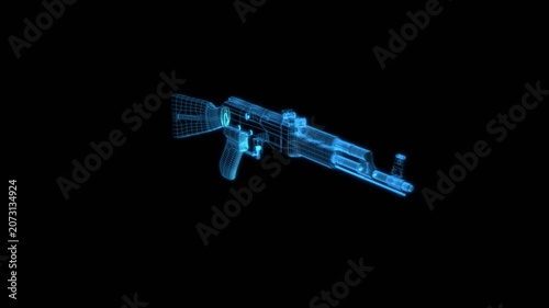 3D AK 47 Hologram rotation animation in a loop with alpha
