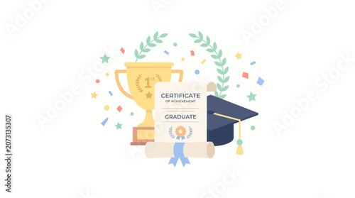 Graduation Certificate and Trophy Vector Illustration