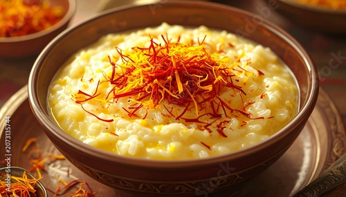 Delicious Saffron Rice Pudding in a Brown Bowl.