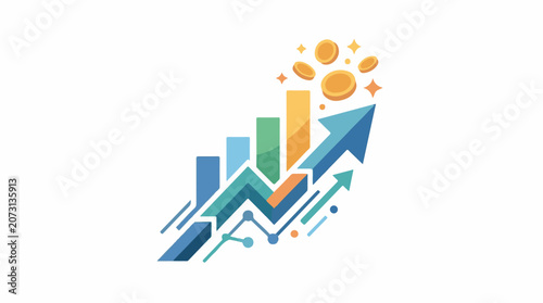 A colorful graphic depicting growing trend with coins bars and arrows
