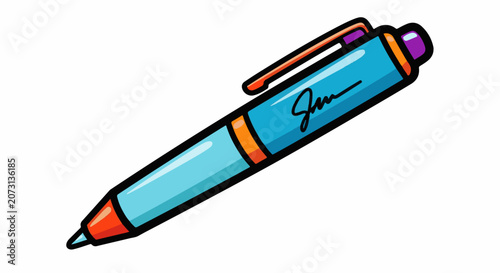 A colorful cartoon pen with orange accents and a signature