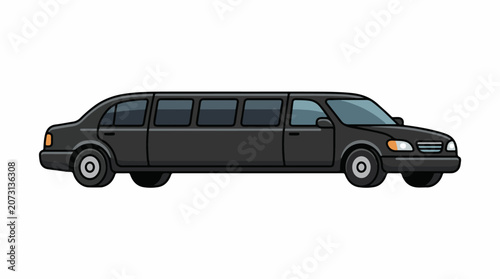 A long black limousine with tinted windows and orange headlights