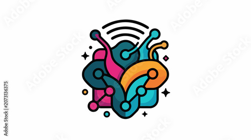 A colorful abstract illustration of a brain with a signal emanating from it