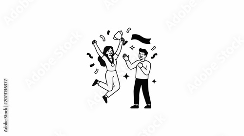 A minimalist illustration of two people celebrating with confetti