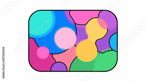 A colorful abstract composition of overlapping rounded shapes in various sizes