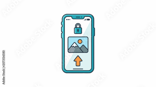A smartphone with a blue border displays a padlock an image of mountains and an upload arrow