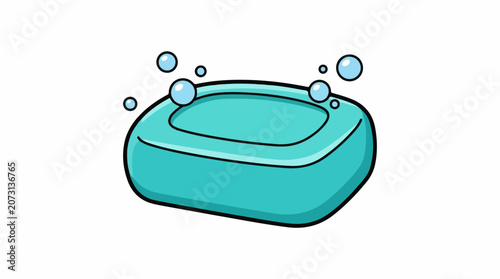 A cartoon-style illustration of a teal-colored soap bar with bubbles