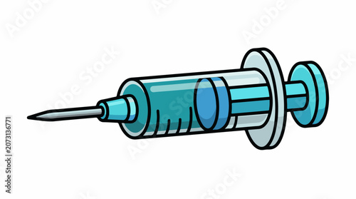 A cartoon-style illustration of a syringe with a blue body and a silver needle