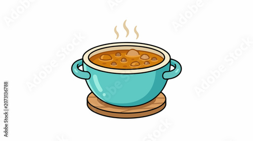 A steaming bowl of soup in a teal pot on a wooden coaster