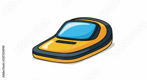 A cartoon-style illustration of a futuristic yellow and black vehicle