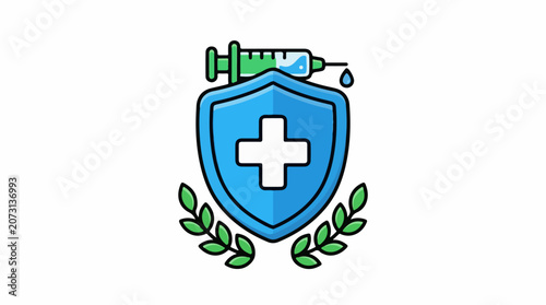 A blue shield with a white cross adorned with green leaves and a syringe on top