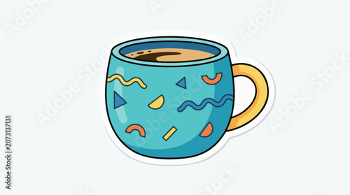 A vibrant teal mug with colorful geometric patterns and a yellow handle
