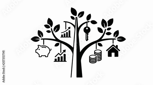 A tree with hanging financial and property symbols