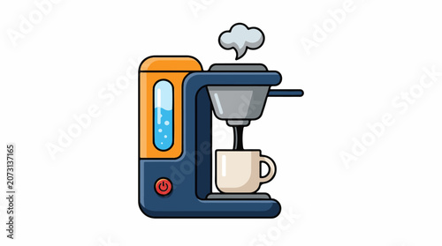A cartoon-style illustration of a coffee maker with a beige mug
