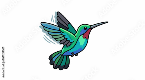 A vibrant cartoon hummingbird in flight