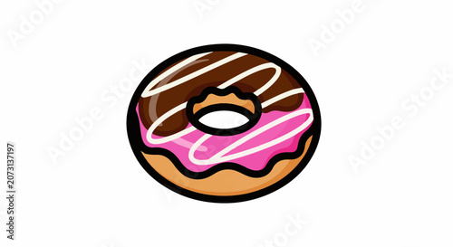 A cartoon-style illustration of a half-chocolate and half-pink frosted donut