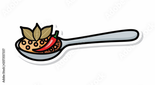 A cartoon spoon with a chili pepper and leaves on food