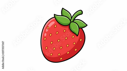 Colorful cartoon illustration of a ripe red strawberry with green leaves