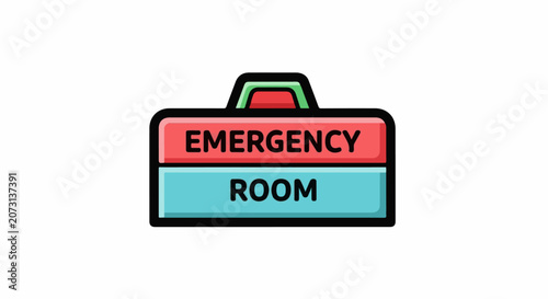 Colorful graphic illustration of a hospital emergency room sign