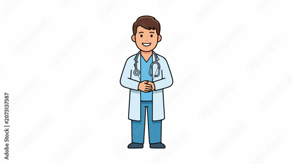 Fototapeta premium A cartoon illustration of a smiling male doctor in a white lab coat