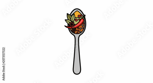 A cartoon illustration of a spoon filled with various colorful foods