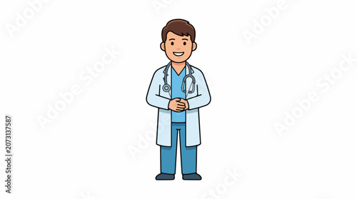 A cartoon illustration of a smiling male doctor in a white lab coat
