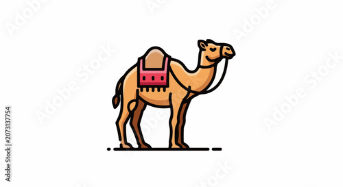 A cartoon camel with a red saddle on its back