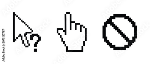 Set of computer pixel art cursor icons including select arrow question mark hand pointer and prohibited symbol with interface computer navigation software monochrome isolated
