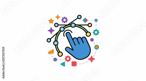 A blue hand icon interacting with a colorful graphic of interconnected gears and lines