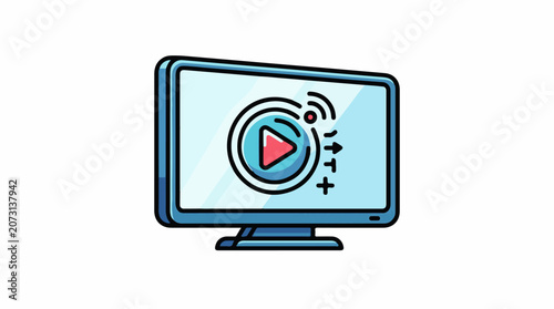 A blue computer monitor displaying a play button on screen