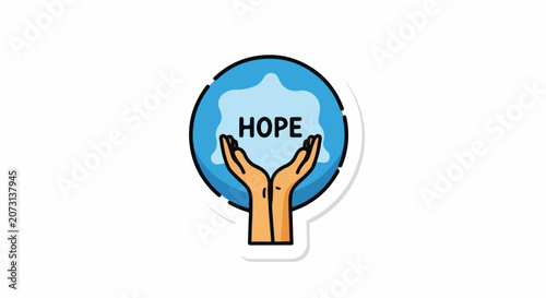 A blue globe with hands holding it and the word HOPE inside