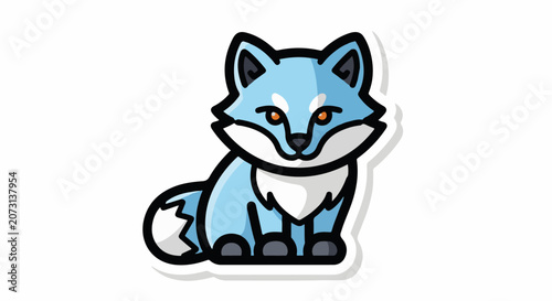 A blue cartoon fox with white markings and orange eyes