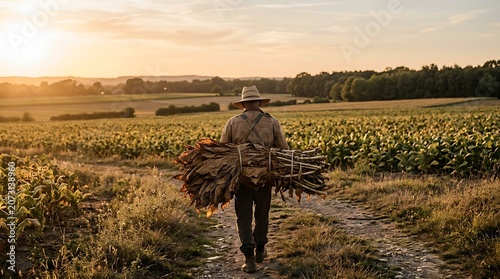 Farmer carrying a large bundle of harvested tobacco leaves at sunset