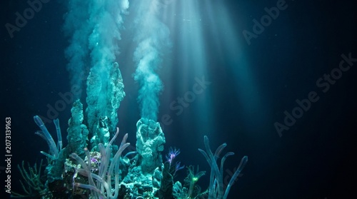 Bild auf Leinwand A glowing teal deep-ocean hydrothermal environment featuring massive volcanic ch