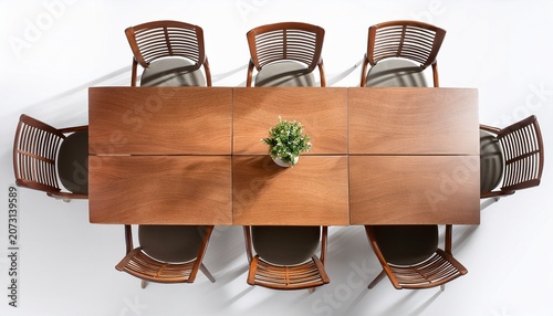top view of dining table with chairs on white background cutout