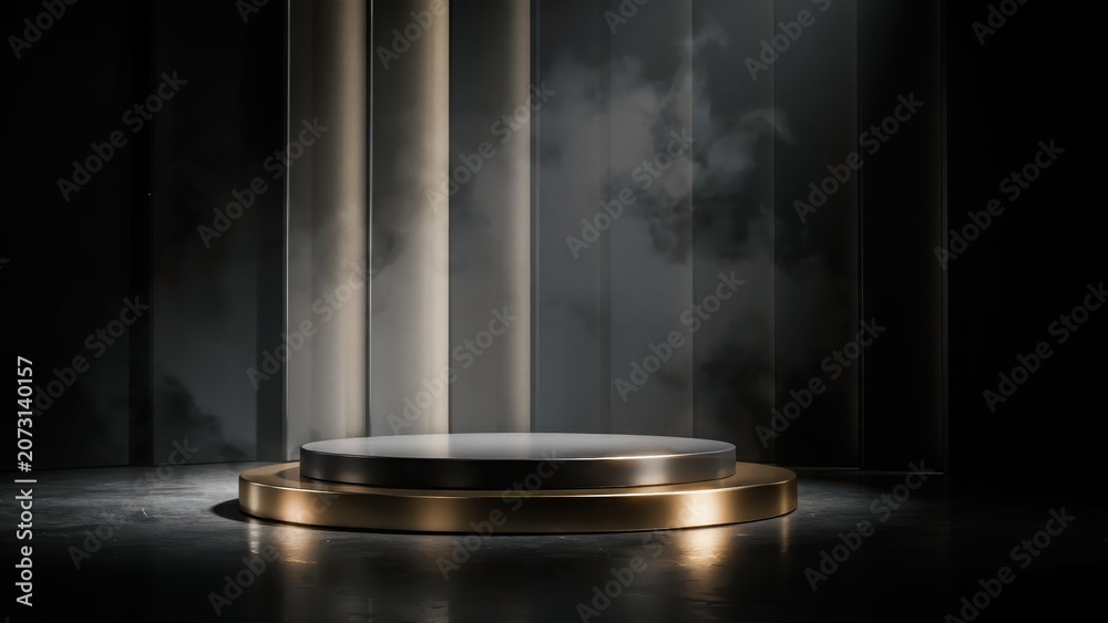 Fototapeta premium Round metallic podiums on a dark reflective surface with smoke and vertical panels