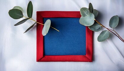 small square blue fabric frame with red border and eucalyptus sprig